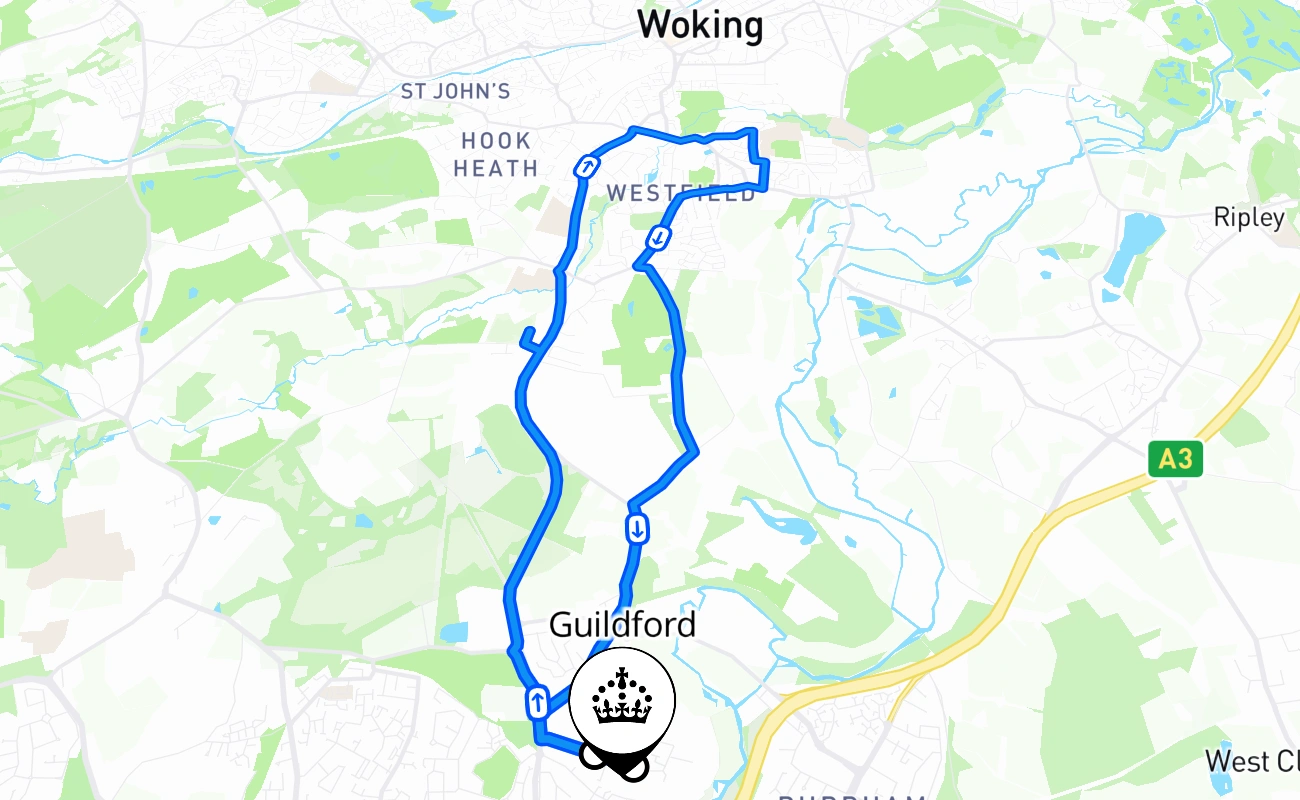 Guildford driving test route #1249 map - ENG United Kingdom