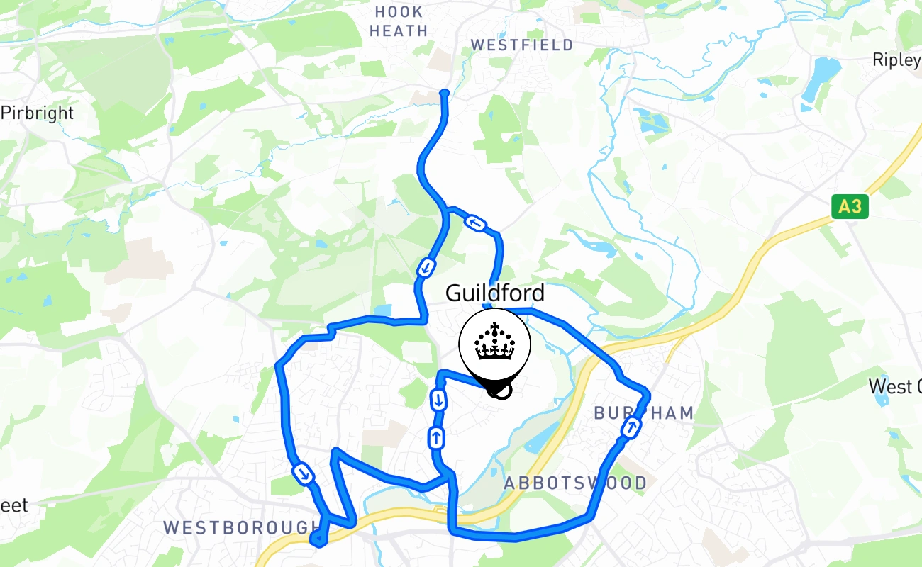 Guildford driving test route #1250 map - ENG United Kingdom
