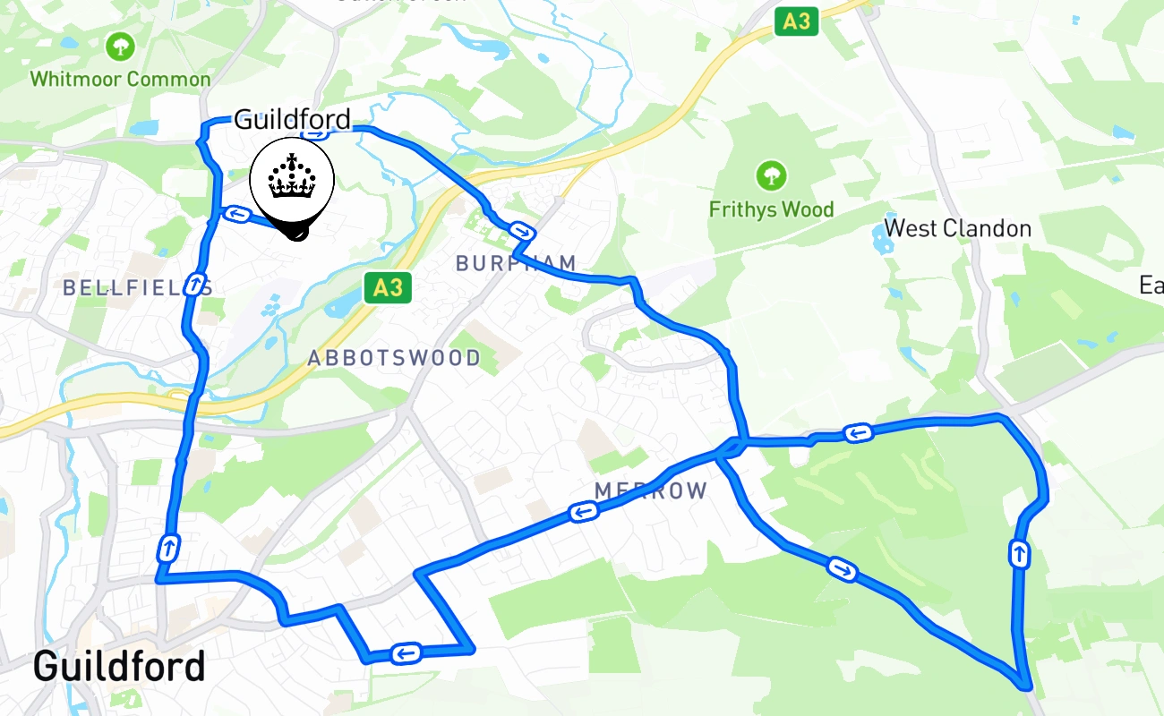 Guildford driving test route #1251 map - ENG United Kingdom