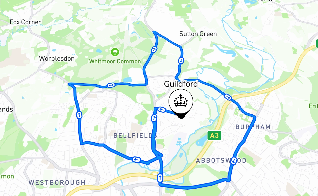 Guildford driving test route #1252 map - ENG United Kingdom