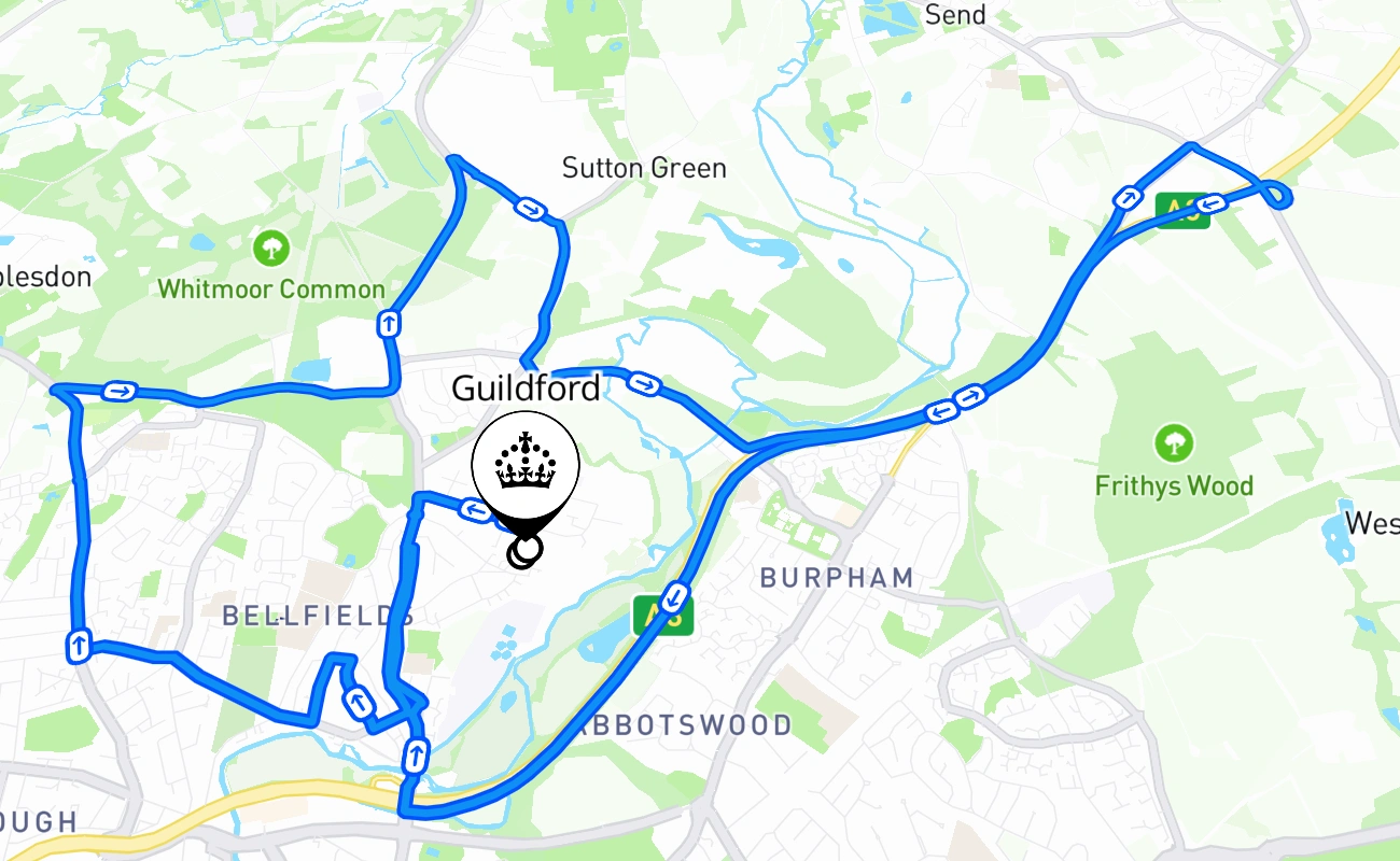 Guildford driving test route #1256 map - ENG United Kingdom