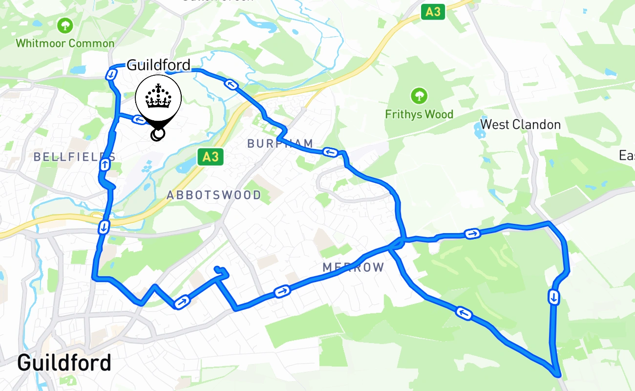 Guildford driving test route #1257 map - ENG United Kingdom