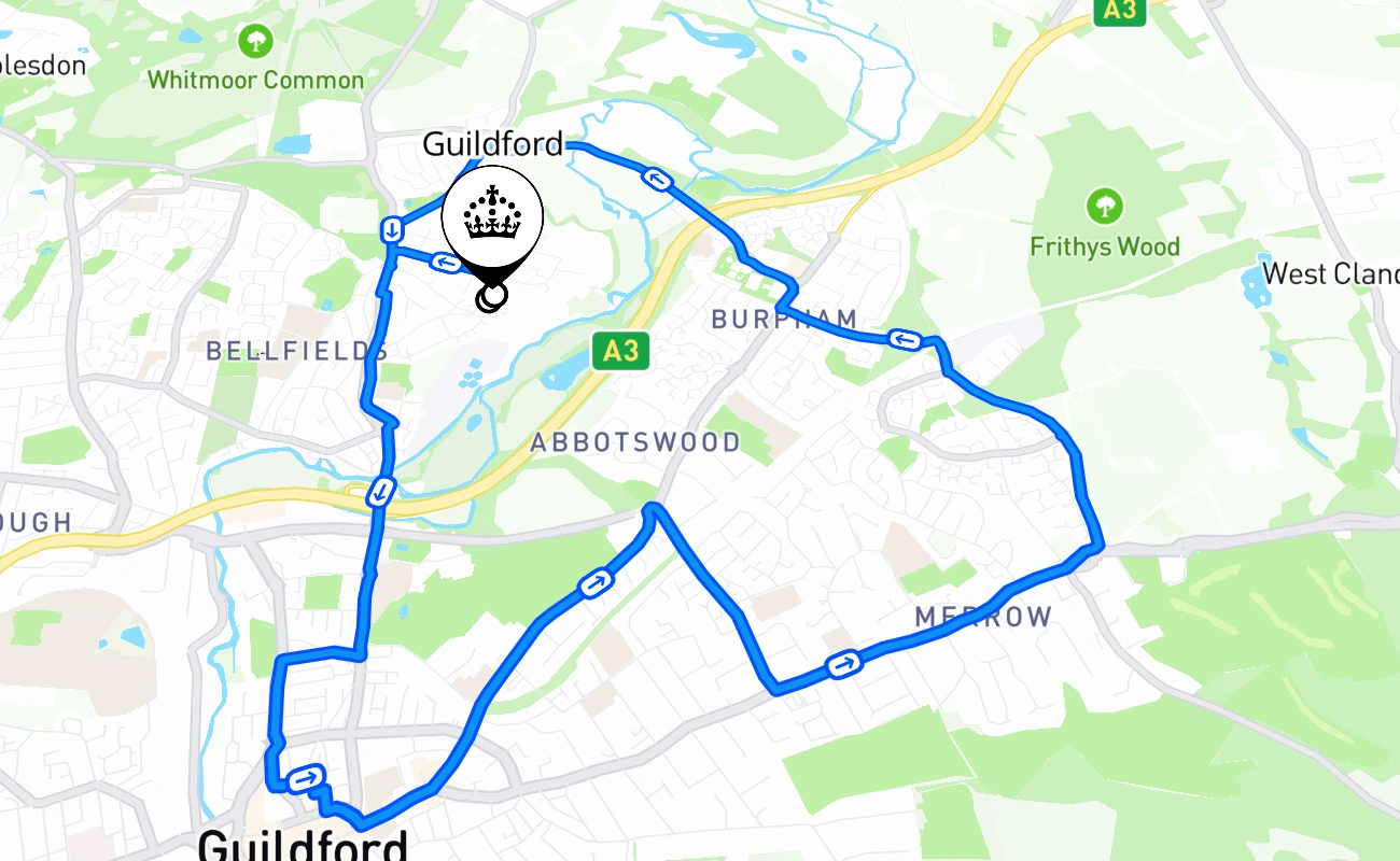 Guildford driving test route #1258 map - ENG United Kingdom
