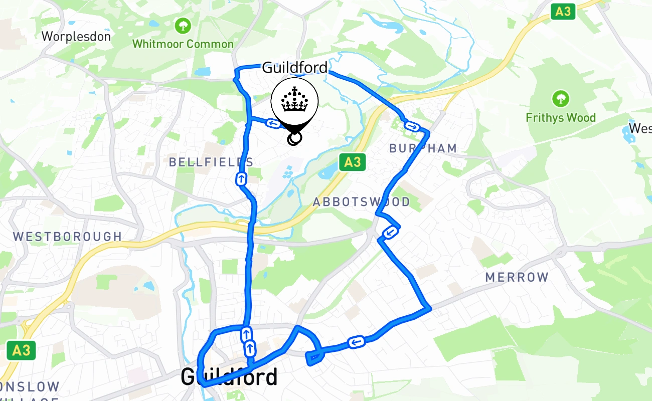 Guildford driving test route #1259 map - ENG United Kingdom
