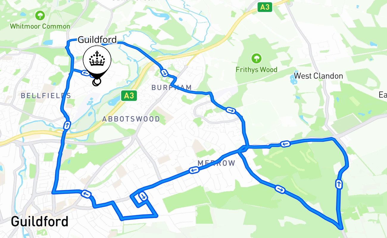 Guildford driving test route #1261 map - ENG United Kingdom