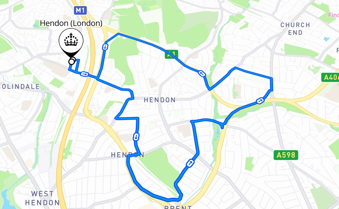 Hendon (London) driving test route #850 map - ENG United Kingdom