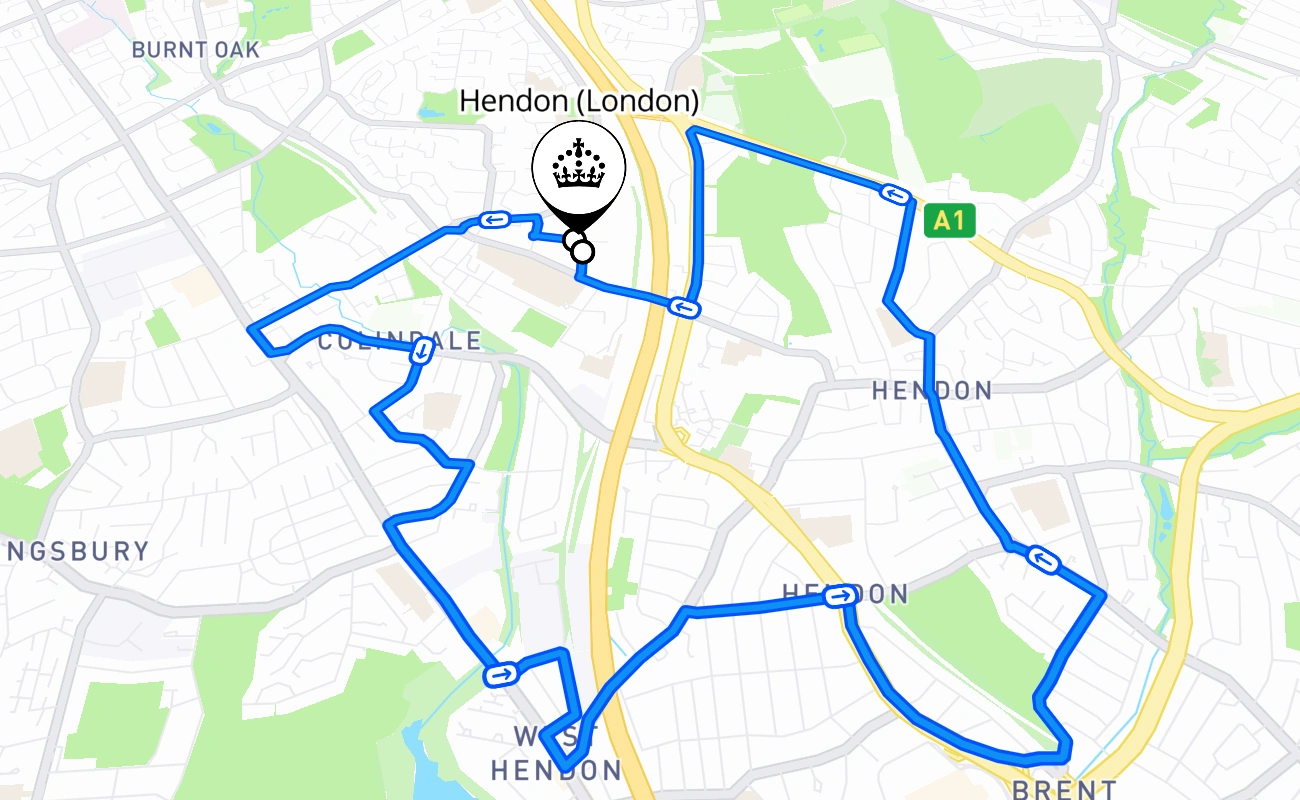 Hendon (London) driving test route #852 map - ENG United Kingdom