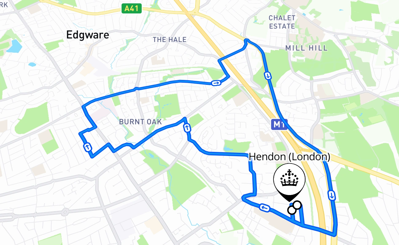 Hendon (London) driving test route #853 map - ENG United Kingdom
