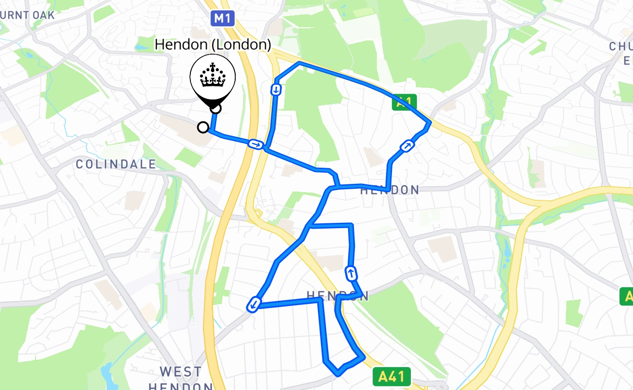 Hendon (London) driving test route #865 map - ENG United Kingdom