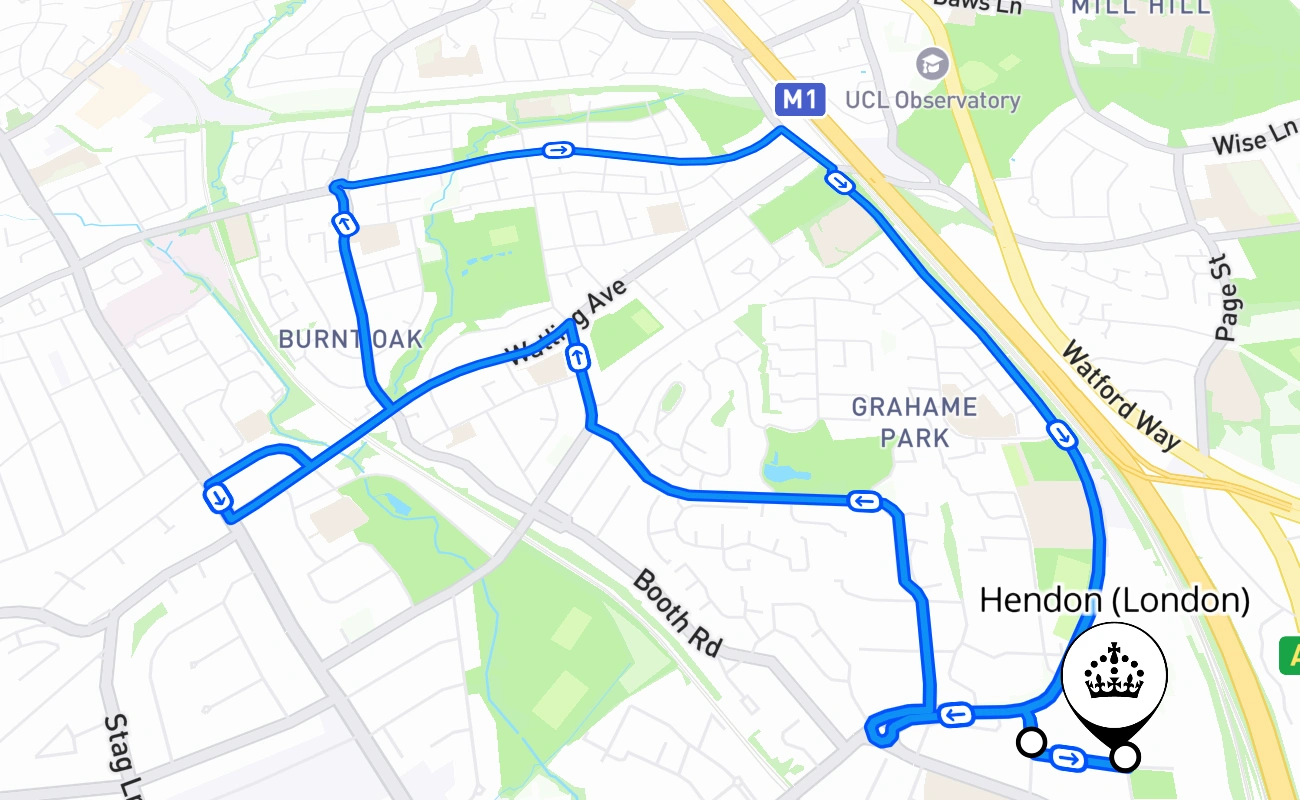 Hendon (London) driving test route #866 map - ENG United Kingdom