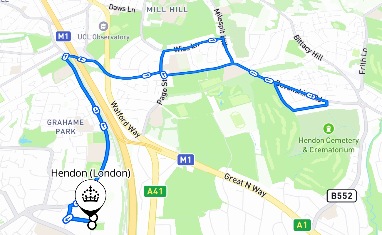 Hendon (London) driving test route #867 map - ENG United Kingdom