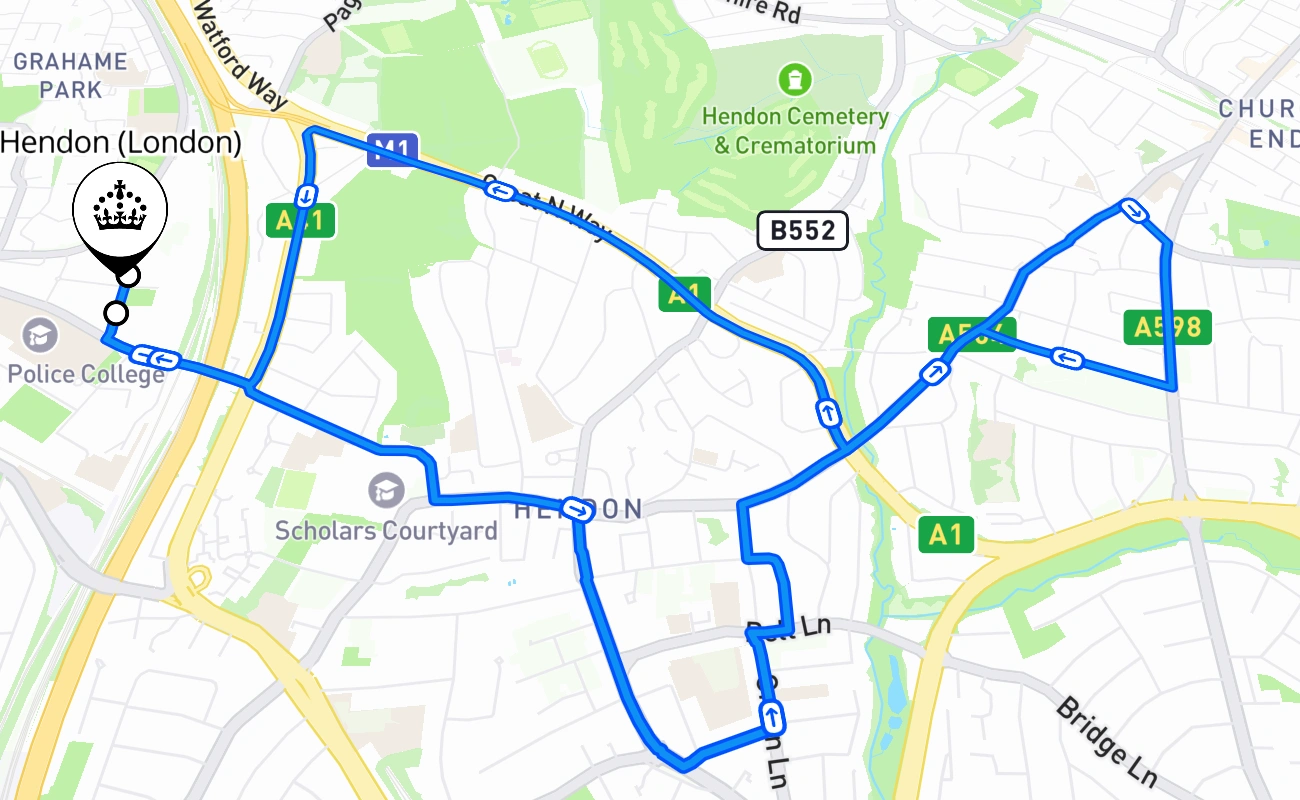 Hendon (London) driving test route #868 map - ENG United Kingdom