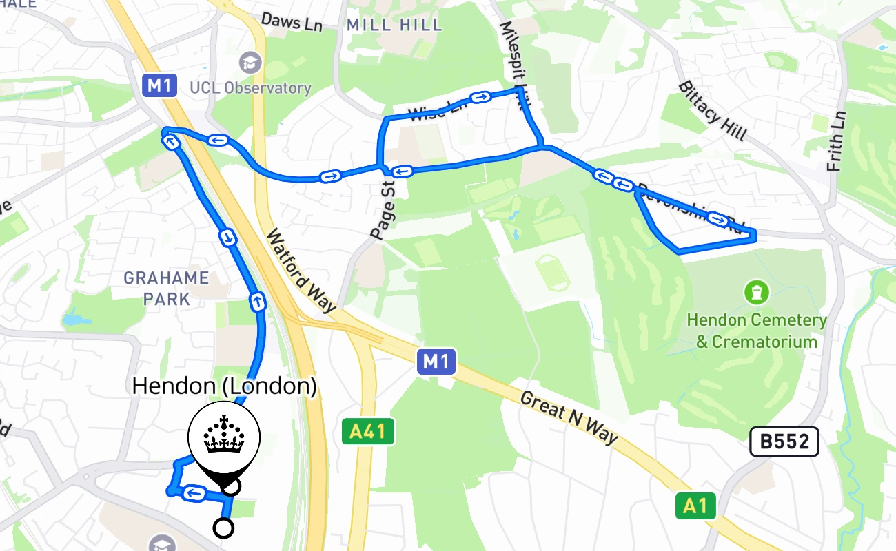 Hendon (London) driving test route #869 map - ENG United Kingdom