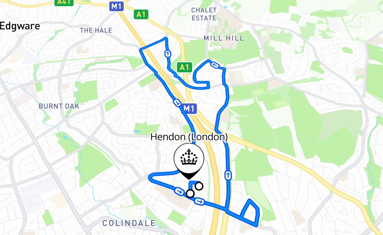 Hendon (London) driving test route #2734 map - ENG United Kingdom