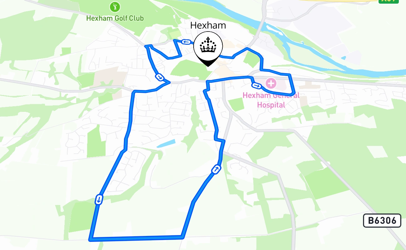 Hexham driving test route #1976 map - ENG United Kingdom