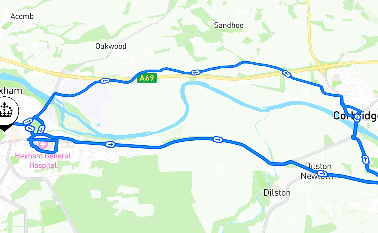 Hexham driving test route #1977 map - ENG United Kingdom