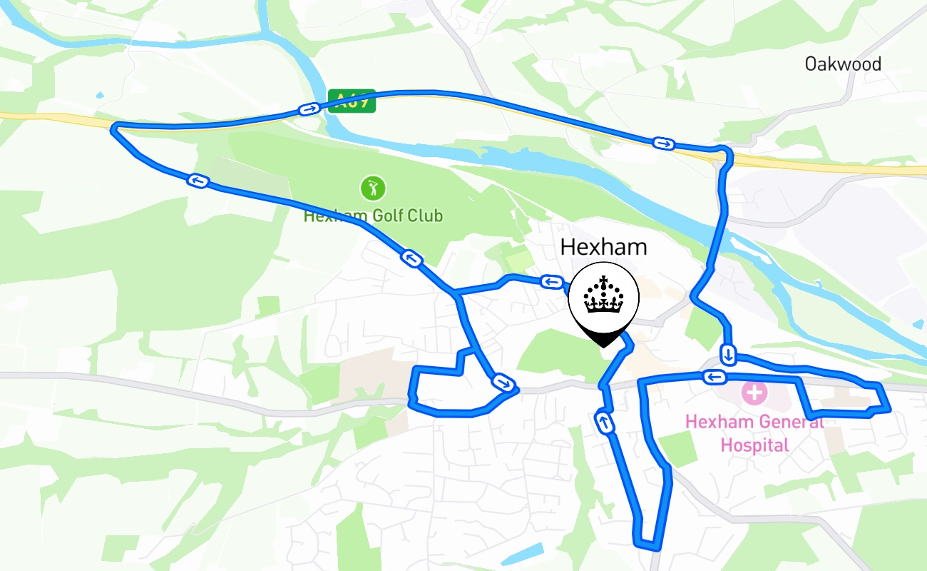 Hexham driving test route #1978 map - ENG United Kingdom