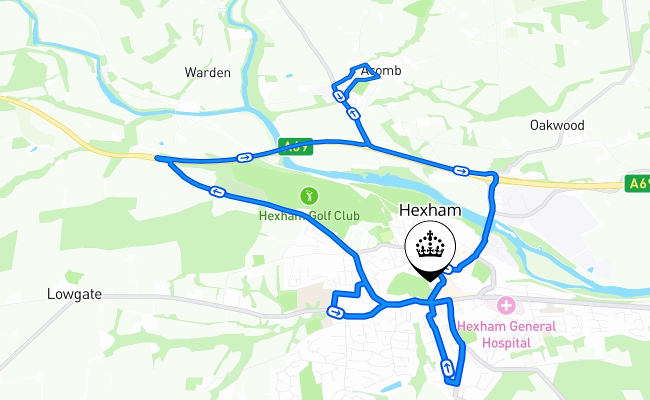 Hexham driving test route #1981 map - ENG United Kingdom