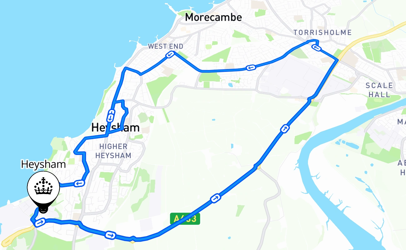 Heysham driving test route #2294 map - ENG United Kingdom