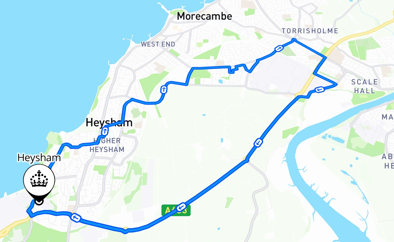 Heysham driving test route #2295 map - ENG United Kingdom