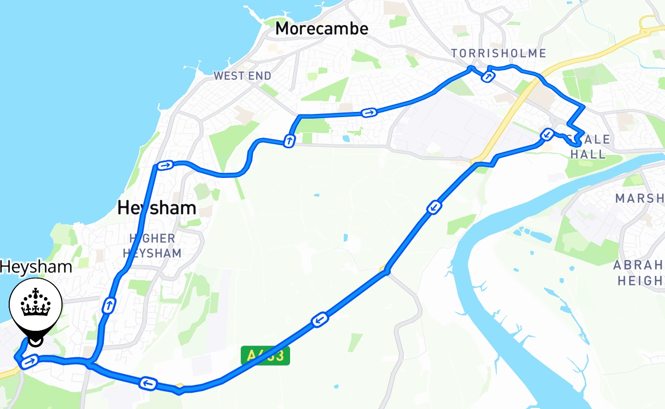 Heysham driving test route #2298 map - ENG United Kingdom