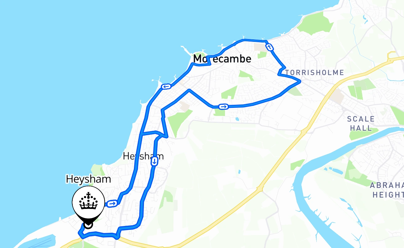 Heysham driving test route #2301 map - ENG United Kingdom