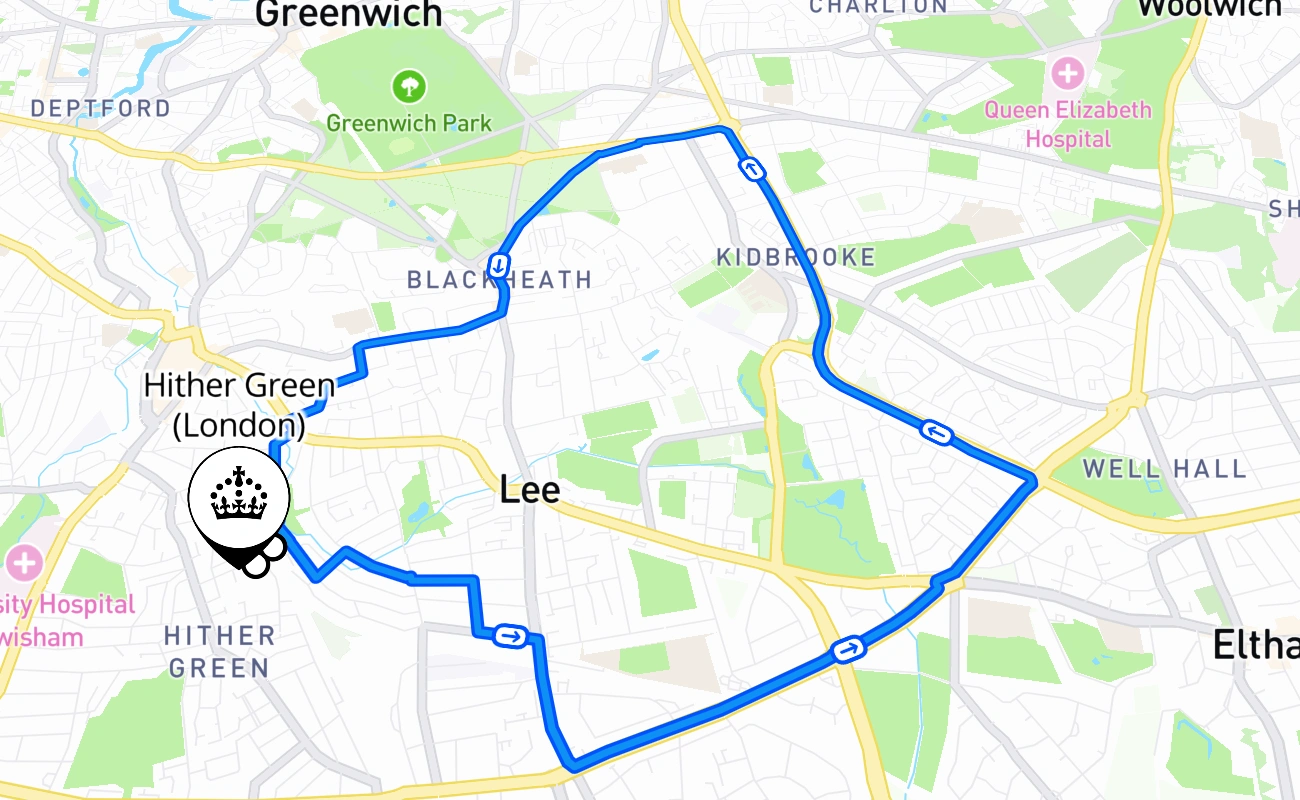 Hither Green (London) driving test route #475 map - ENG United Kingdom