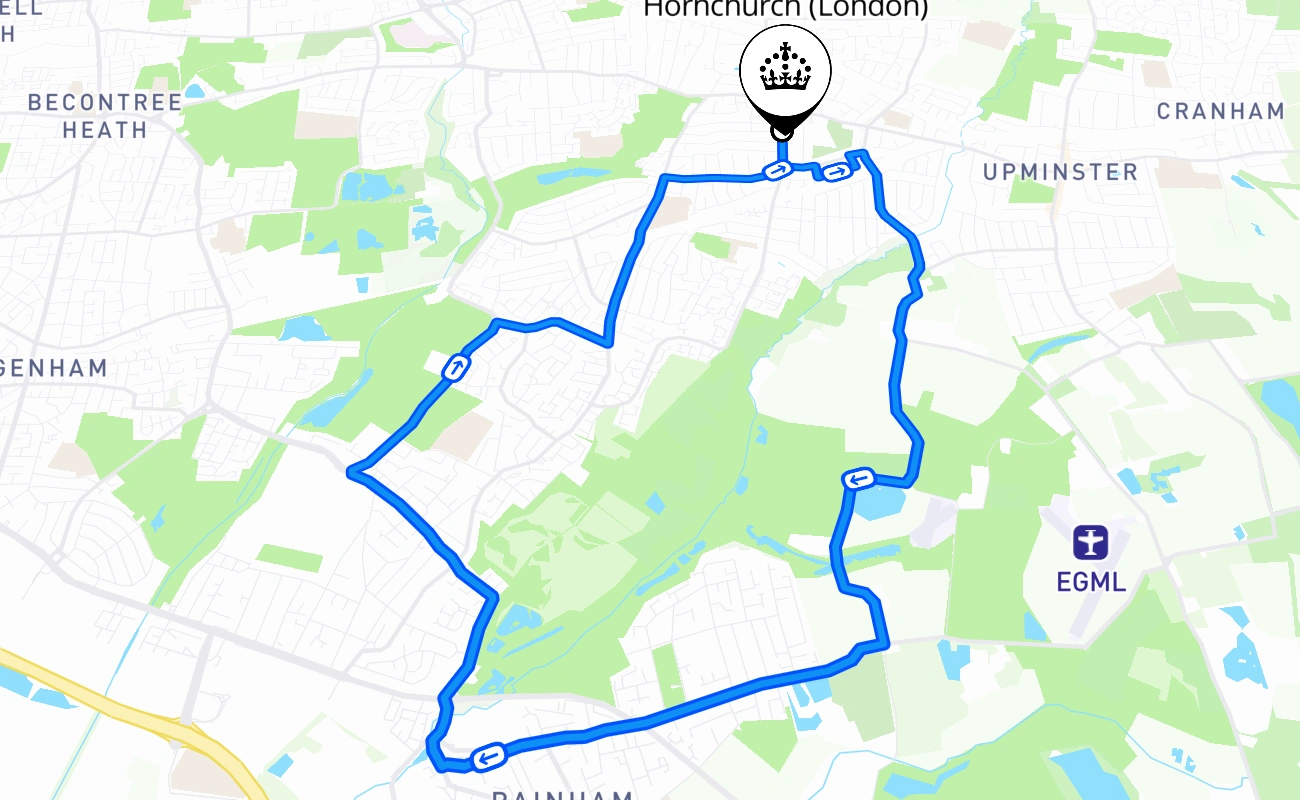 Hornchurch (London) driving test route #421 map - ENG United Kingdom
