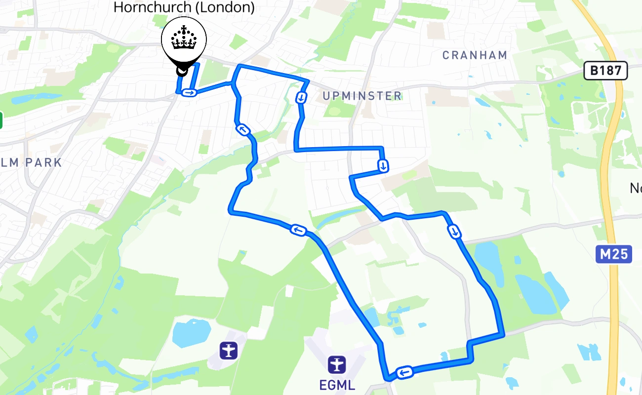 Hornchurch (London) driving test route #425 map - ENG United Kingdom