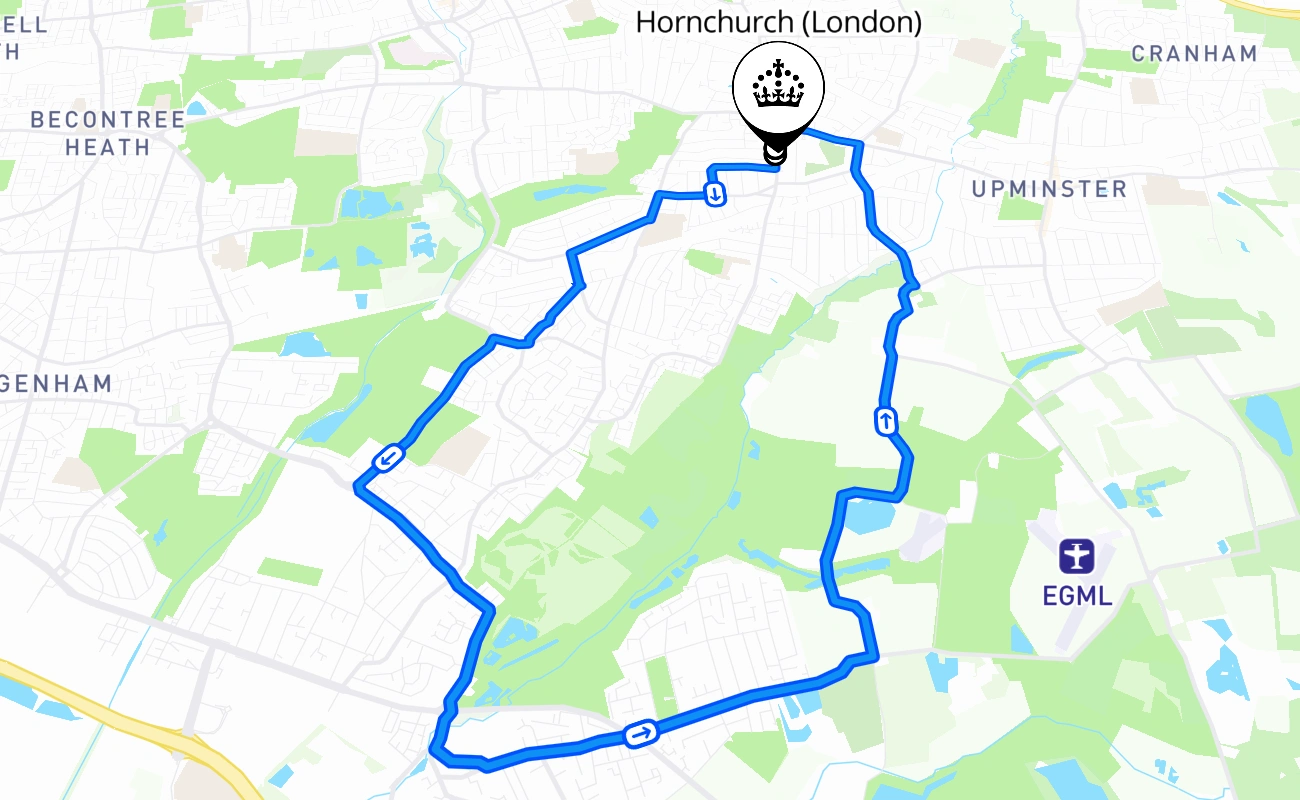 Hornchurch (London) driving test route #1903 map - ENG United Kingdom