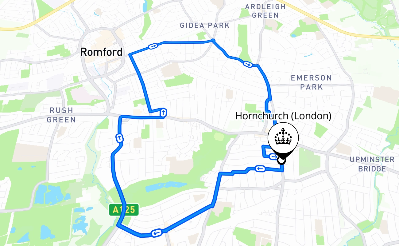 Hornchurch (London) driving test route #1904 map - ENG United Kingdom