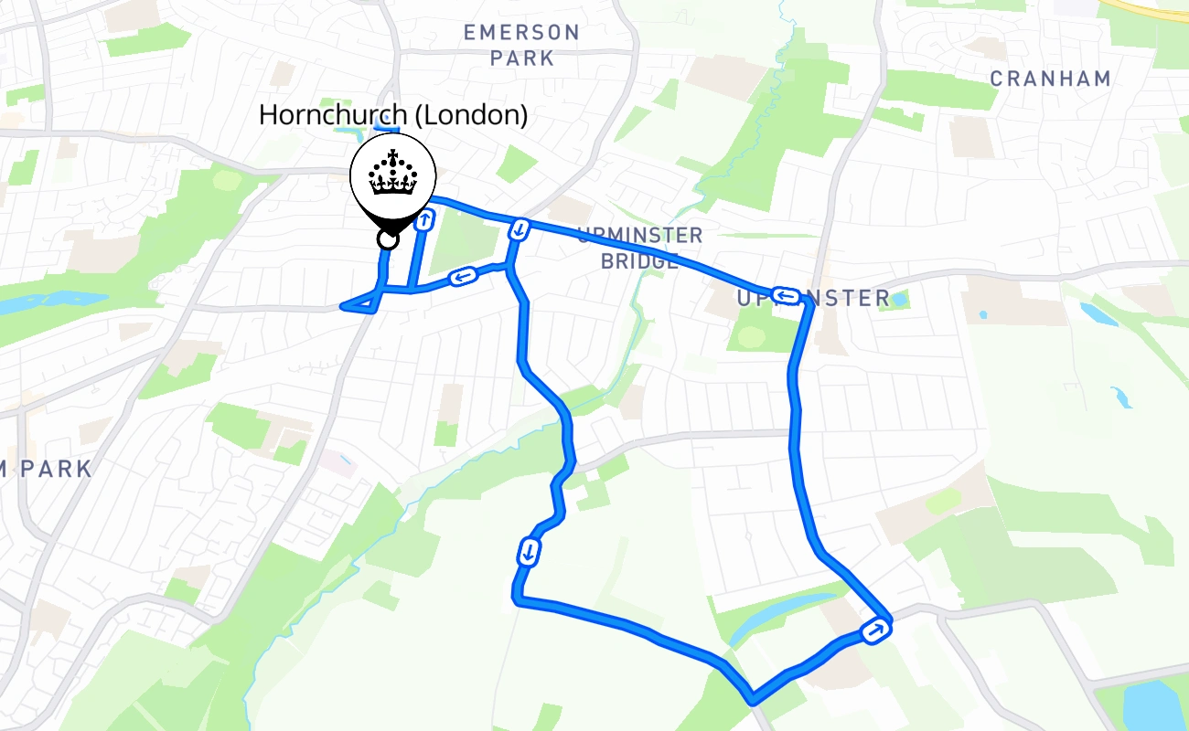 Hornchurch (London) driving test route #1905 map - ENG United Kingdom