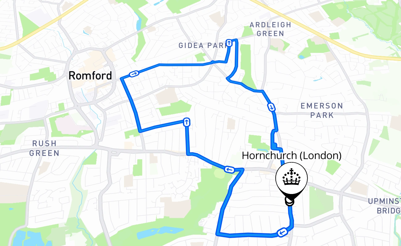 Hornchurch (London) driving test route #1909 map - ENG United Kingdom