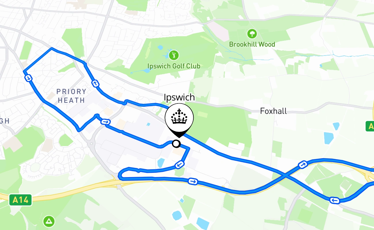 Ipswich driving test route #1510 map - ENG United Kingdom