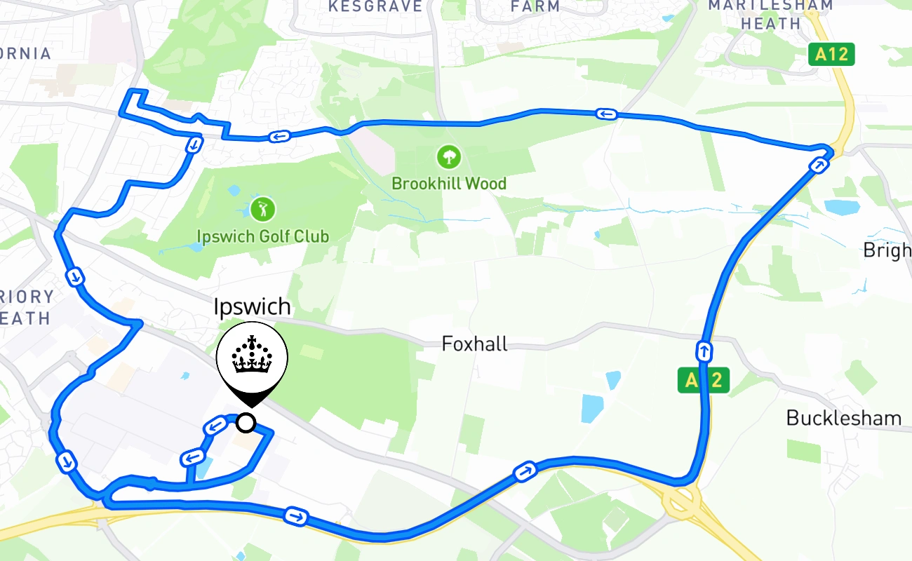 Ipswich driving test route #1511 map - ENG United Kingdom