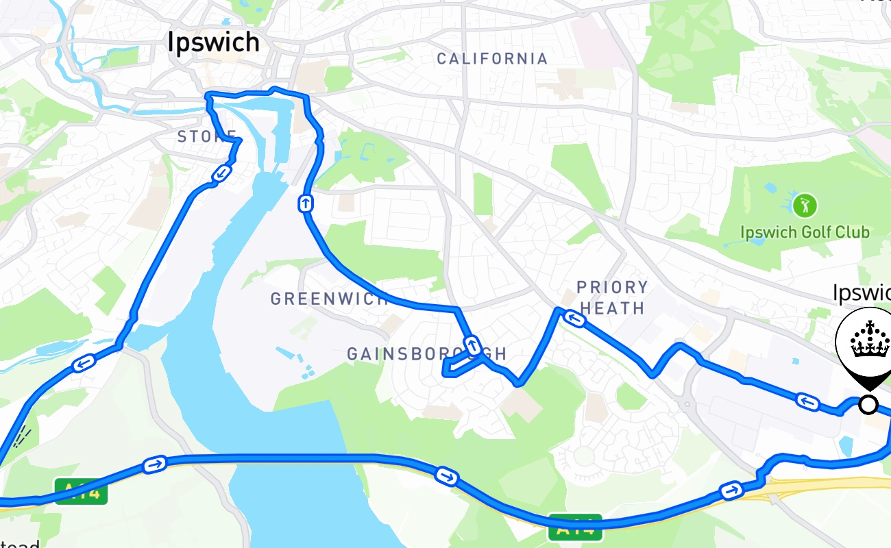 Ipswich driving test route #1512 map - ENG United Kingdom