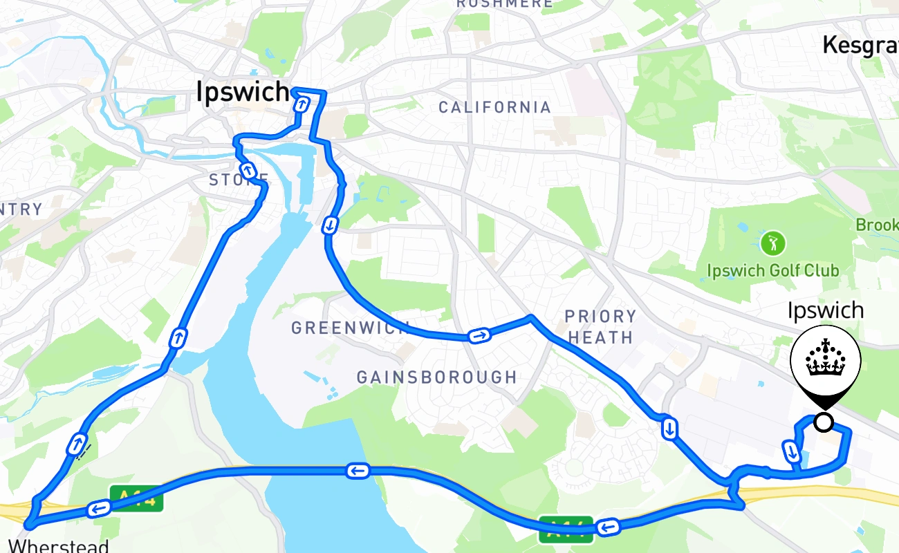 Ipswich driving test route #1513 map - ENG United Kingdom