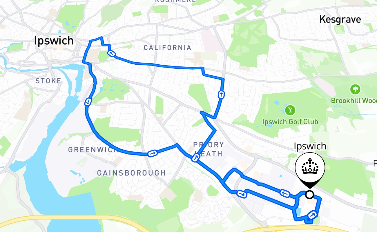 Ipswich driving test route #1514 map - ENG United Kingdom