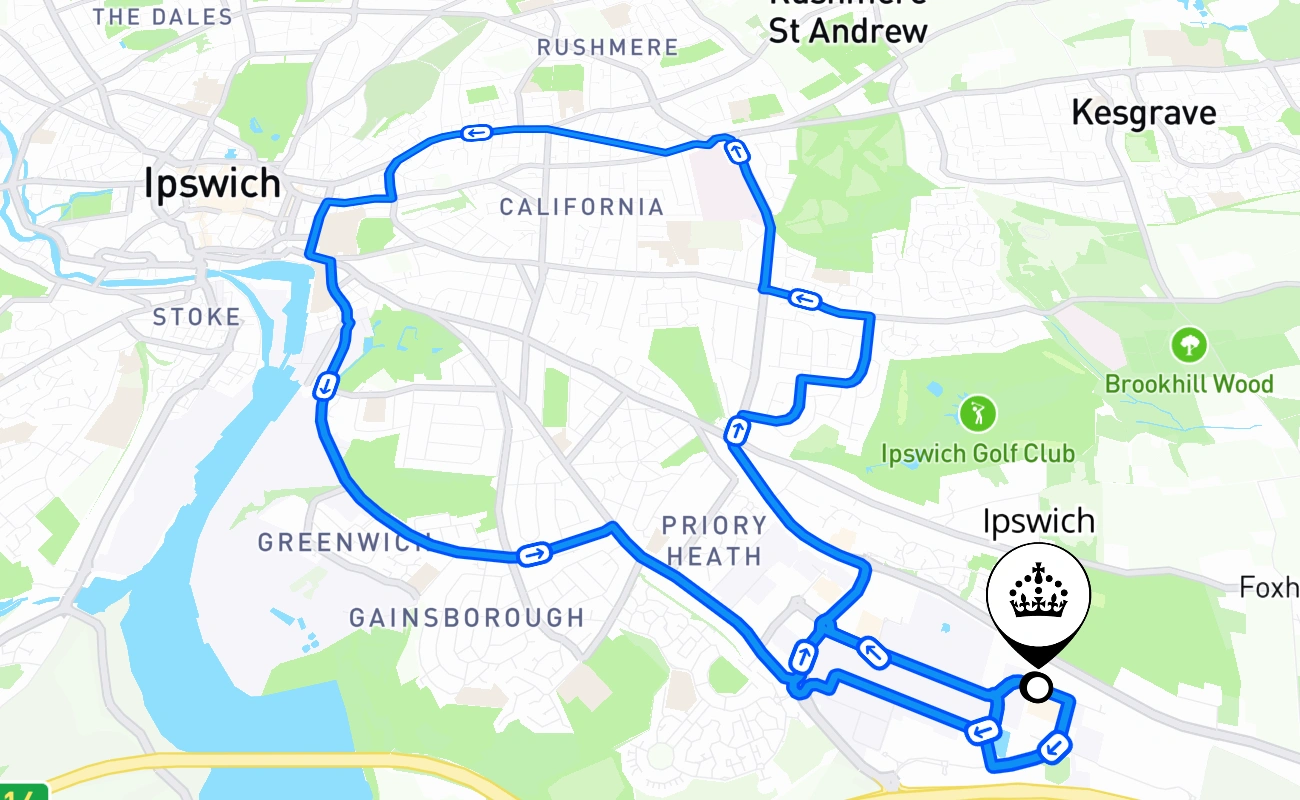 Ipswich driving test route #1515 map - ENG United Kingdom