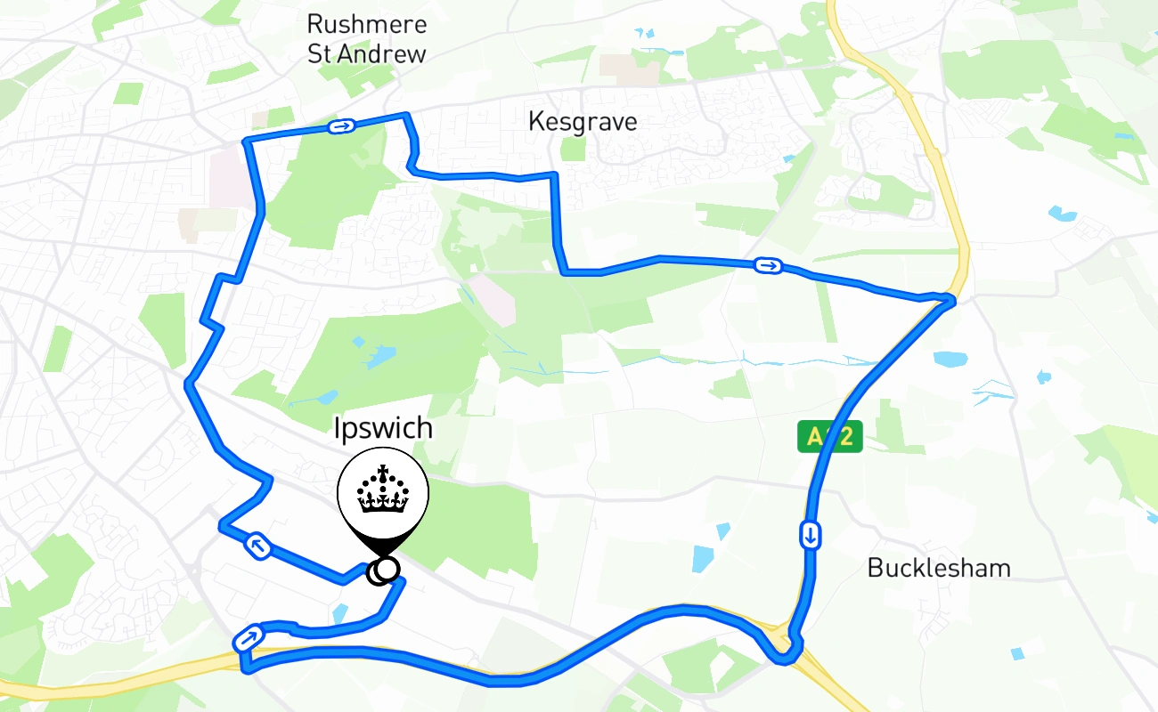 Ipswich driving test route #1517 map - ENG United Kingdom