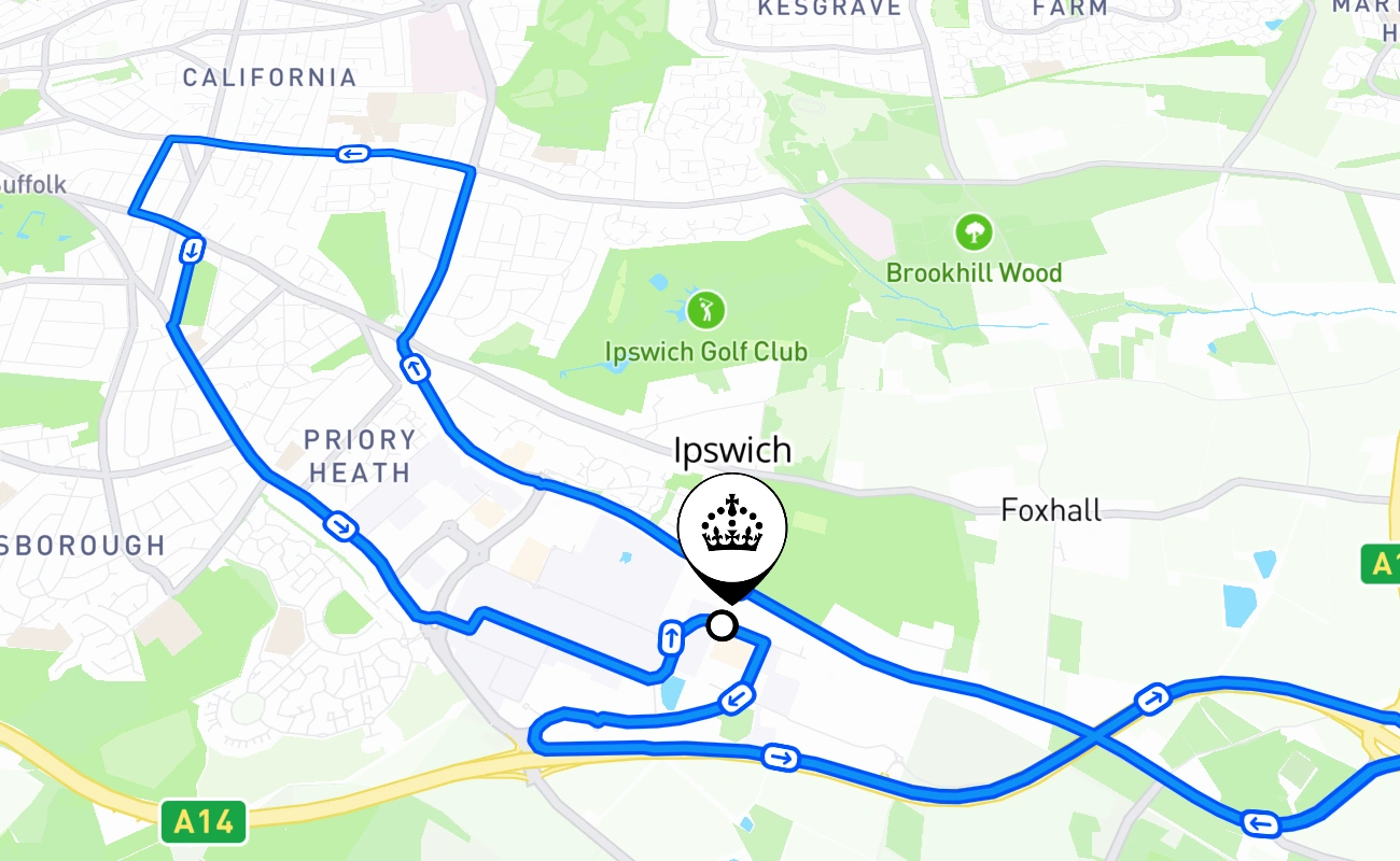 Ipswich driving test route #1518 map - ENG United Kingdom