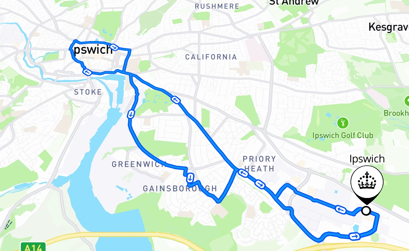 Ipswich driving test route #1519 map - ENG United Kingdom
