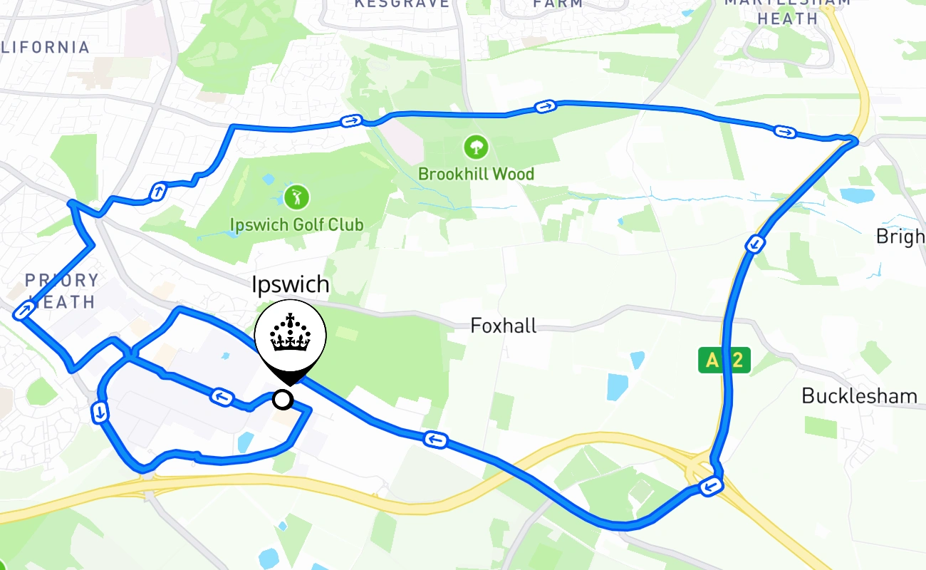 Ipswich driving test route #1523 map - ENG United Kingdom