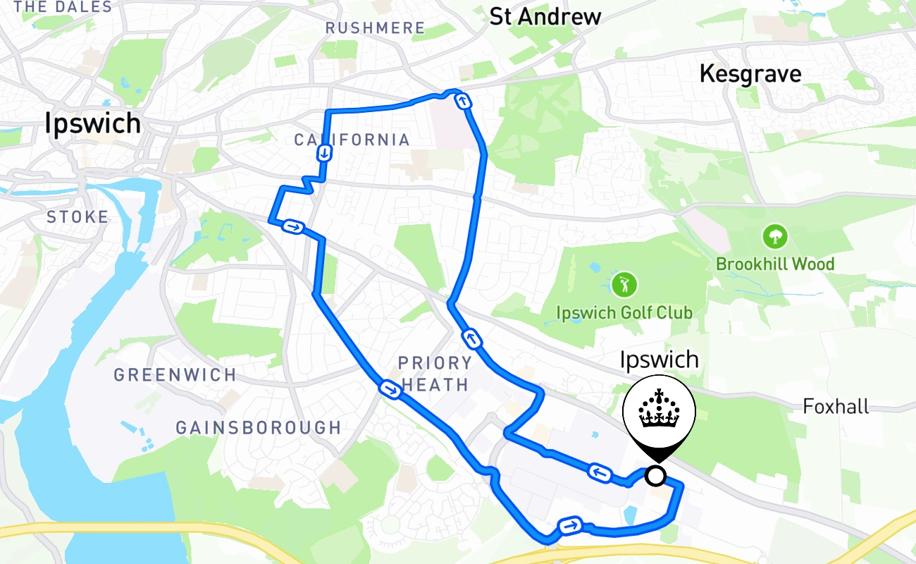 Ipswich driving test route #1526 map - ENG United Kingdom