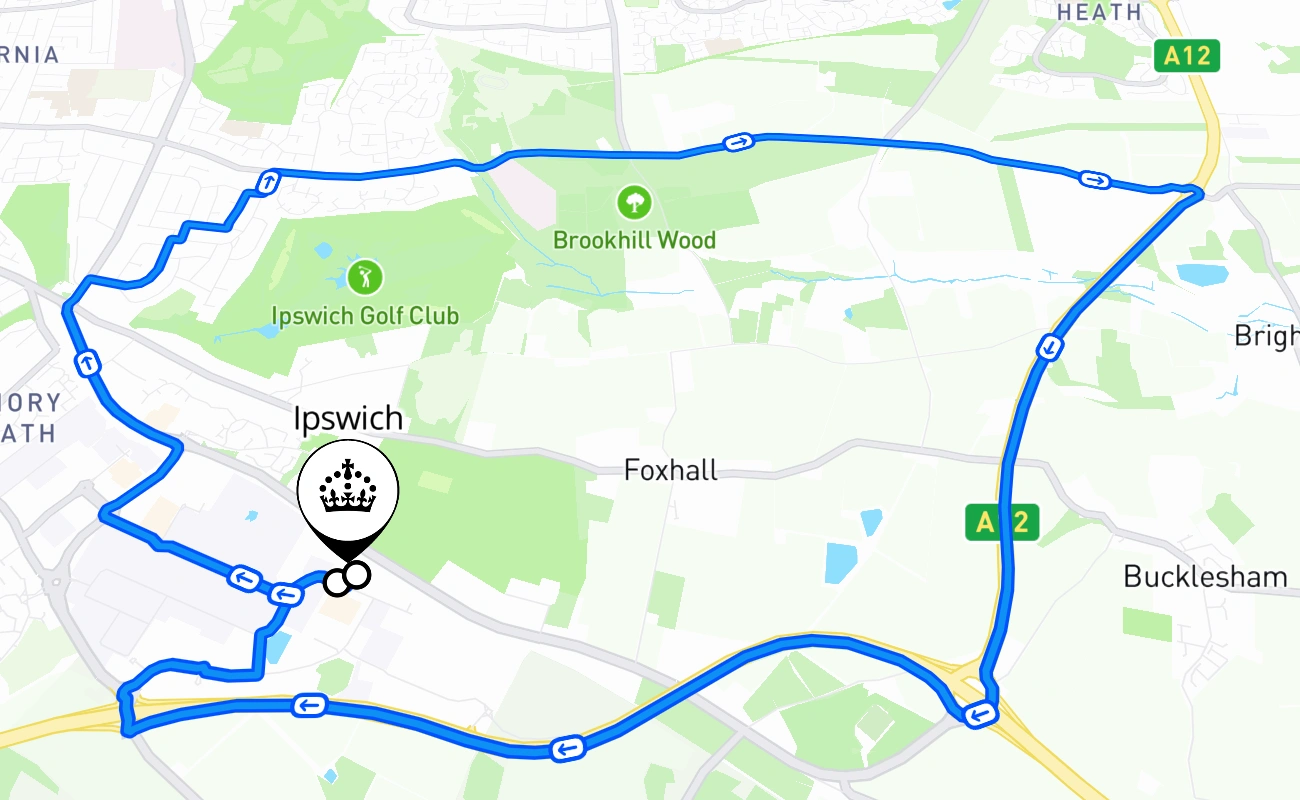 Ipswich driving test route #1528 map - ENG United Kingdom