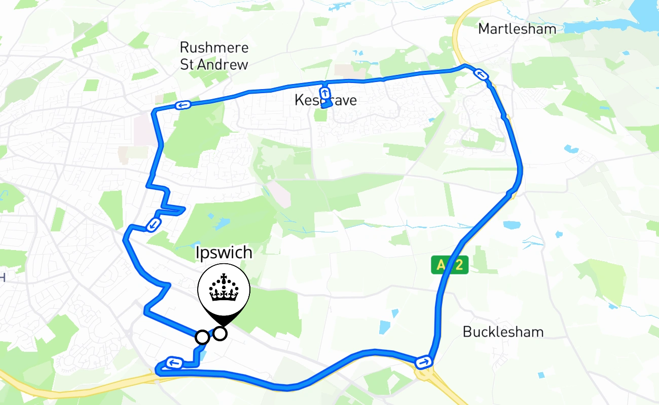Ipswich driving test route #1530 map - ENG United Kingdom