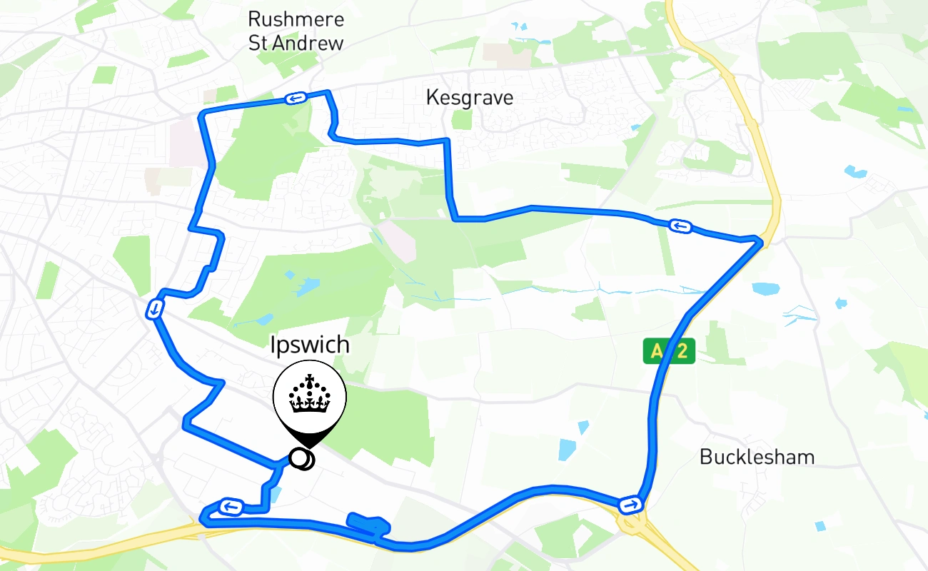 Ipswich driving test route #1531 map - ENG United Kingdom