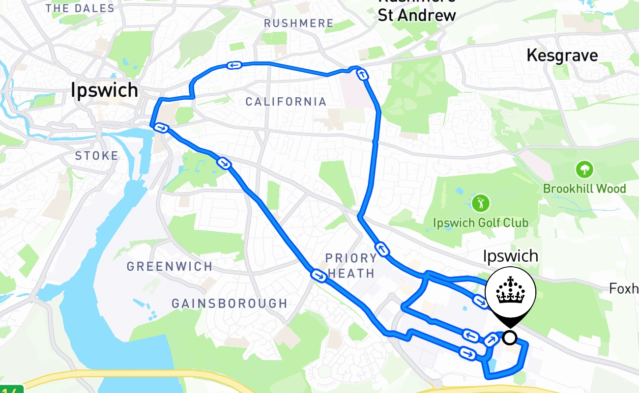 Ipswich driving test route #1532 map - ENG United Kingdom