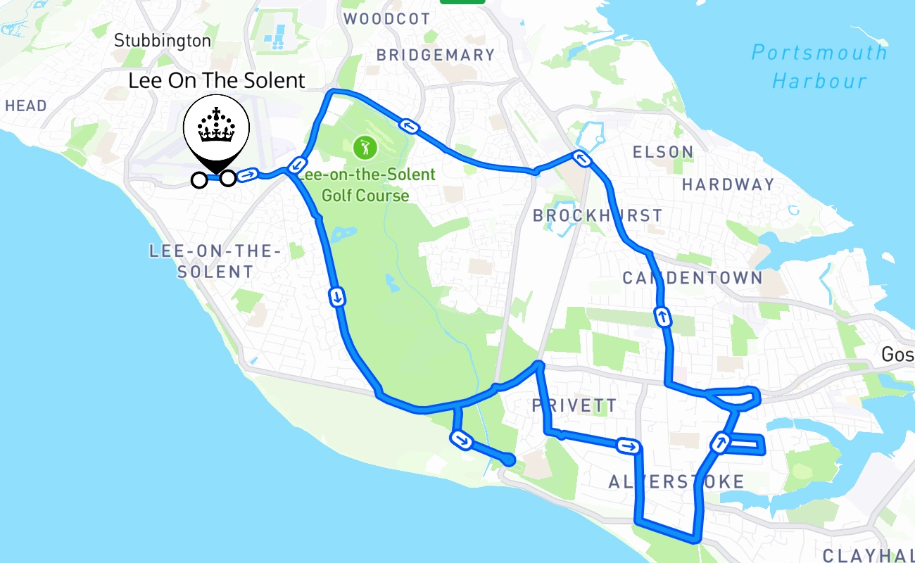 Lee On The Solent driving test route #1059 map - ENG United Kingdom