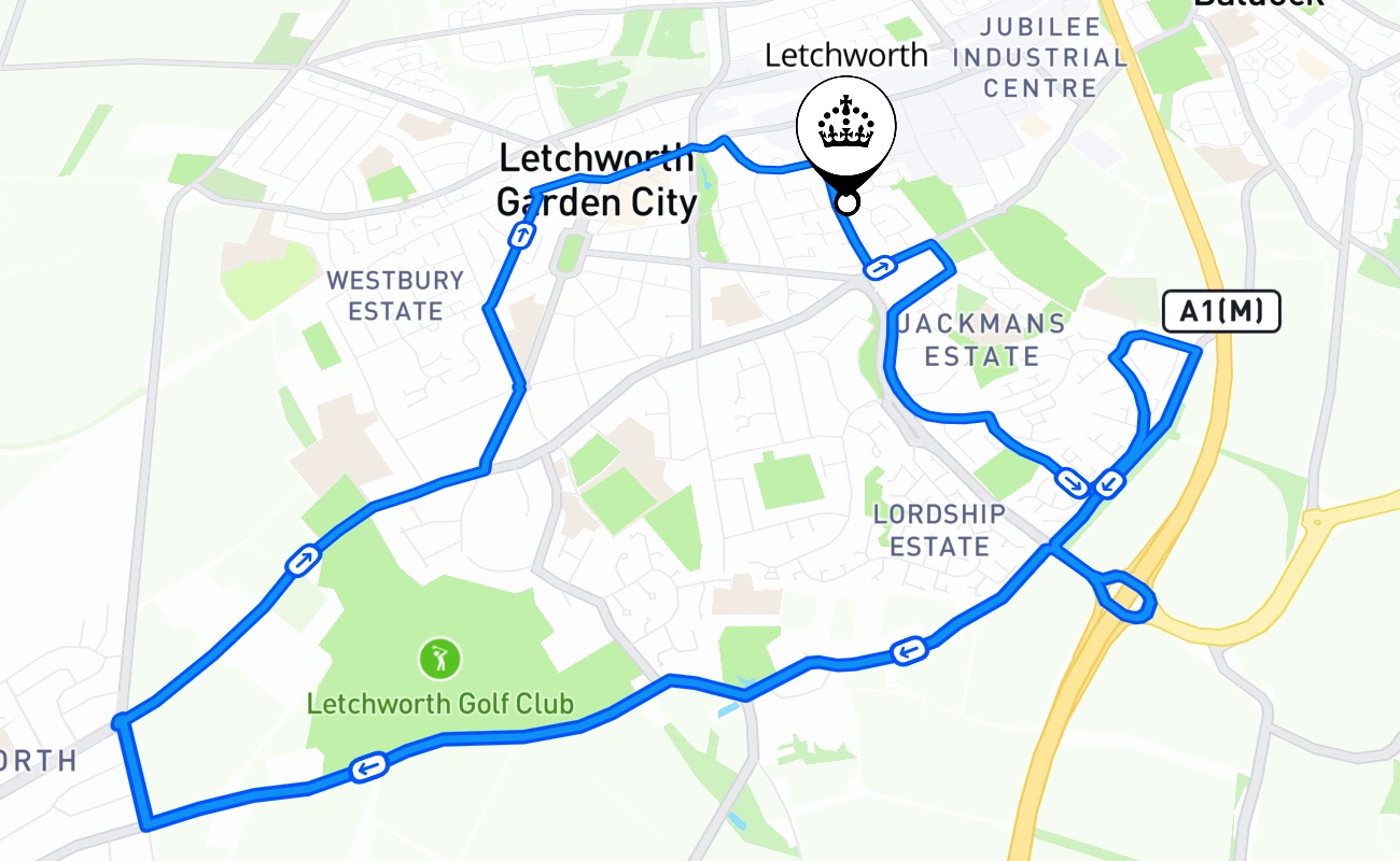 Letchworth driving test route #1334 map - ENG United Kingdom